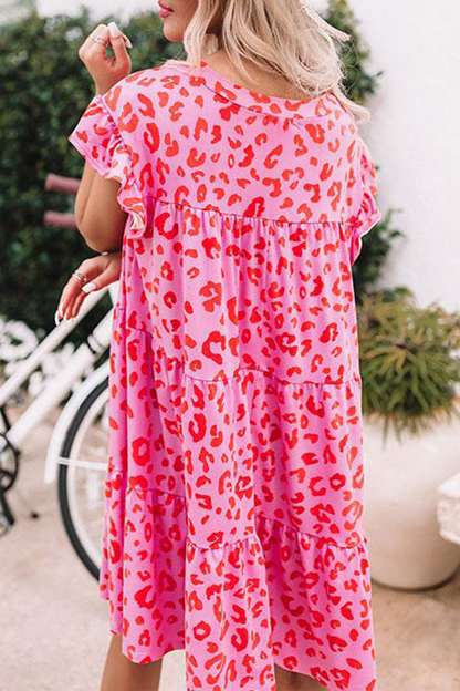 Leopard Flounce O Neck Cake Skirt Dresses(3 Colors)