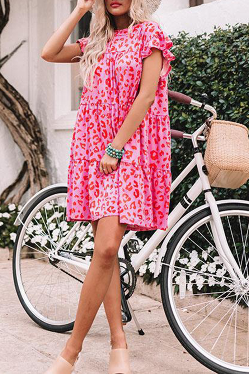 Leopard Flounce O Neck Cake Skirt Dresses(3 Colors)