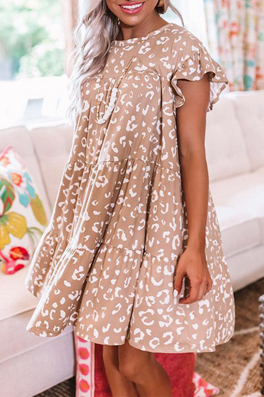 Leopard Flounce O Neck Cake Skirt Dresses(3 Colors)