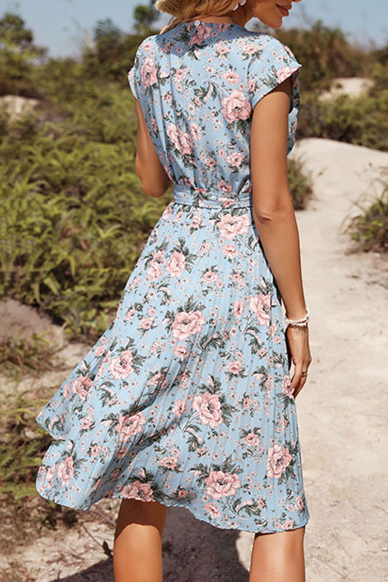 Print Patchwork O Neck Waist Skirt Dresses