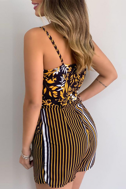 Print Patchwork Spaghetti Strap Straight Rompers