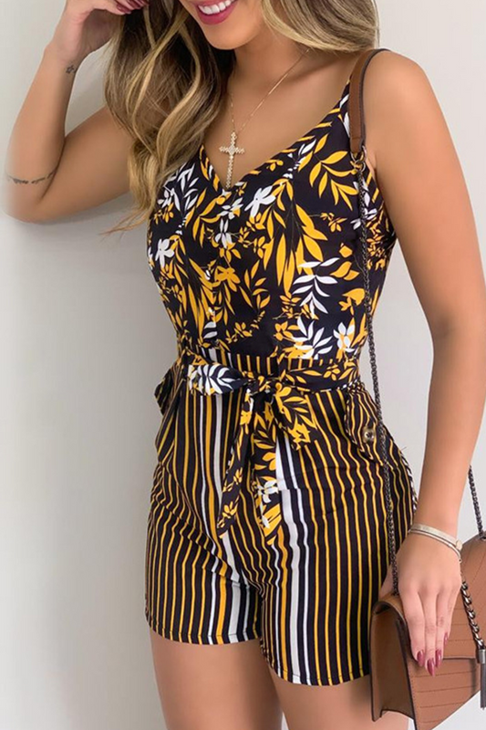 Print Patchwork Spaghetti Strap Straight Rompers