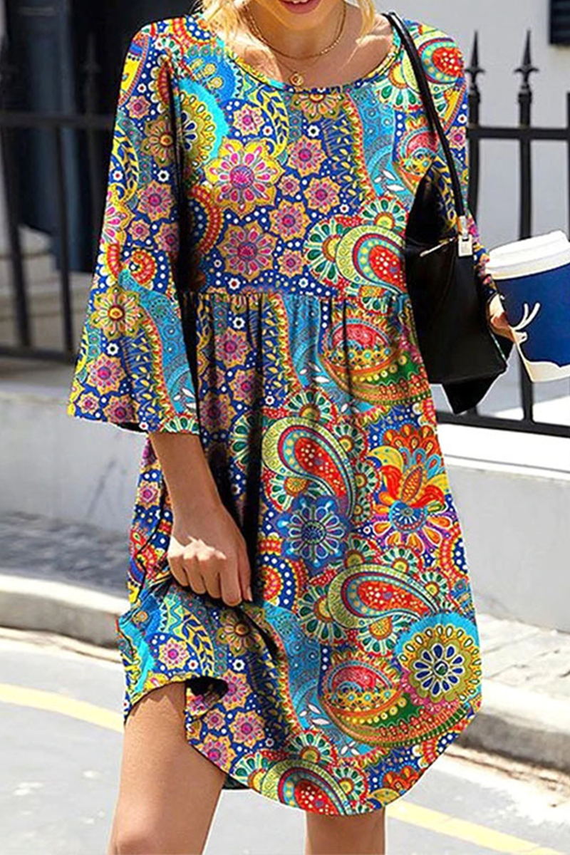 Print Patchwork O Neck Cake Skirt Dresses