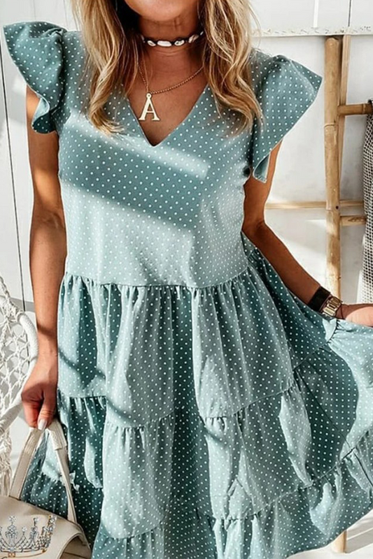 Dot Flounce V Neck Cake Skirt Dresses(3 Colors)