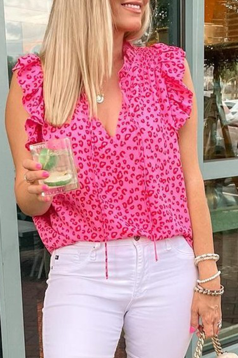 Leopard Flounce V Neck T-shirts(3 Colors)