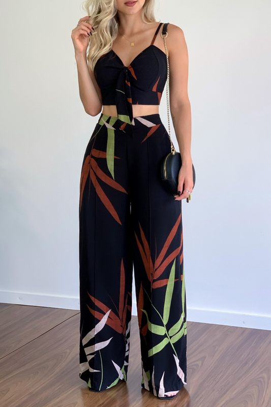 Print Patchwork Spaghetti Strap Straight Jumpsuits