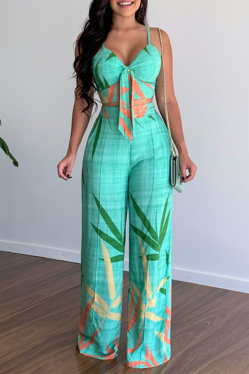 Print Patchwork Spaghetti Strap Straight Jumpsuits