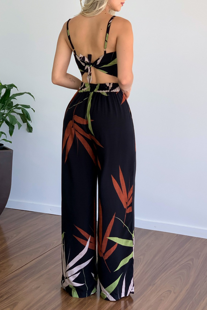 Print Patchwork Spaghetti Strap Straight Jumpsuits