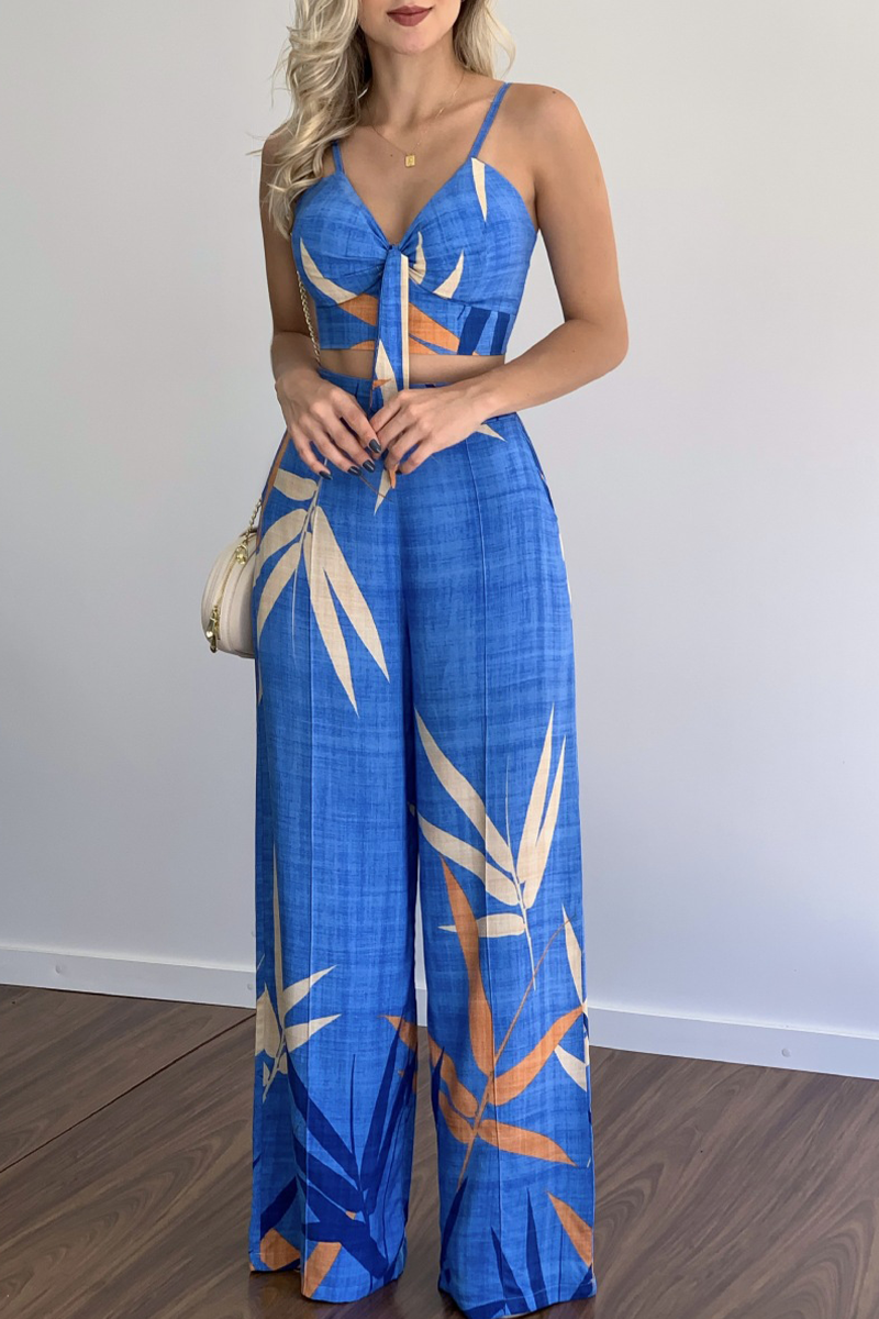 Print Patchwork Spaghetti Strap Straight Jumpsuits
