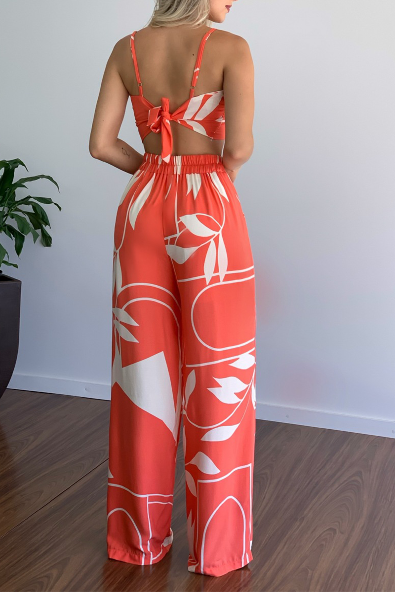 Print Patchwork Spaghetti Strap Straight Jumpsuits(5 Colors)