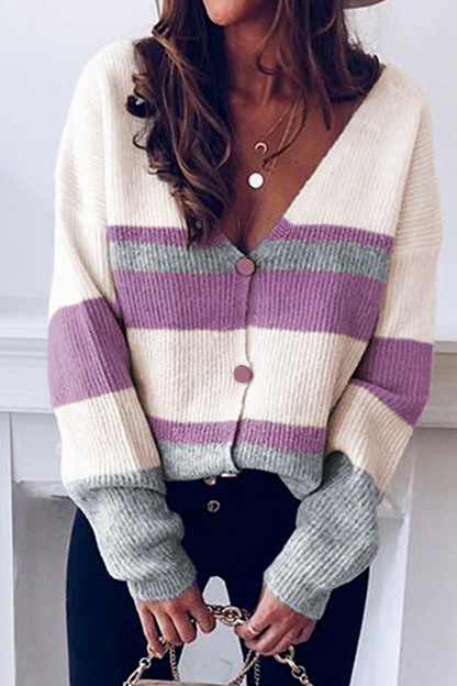 Striped Patchwork V Neck Cardigans(4 Colors)