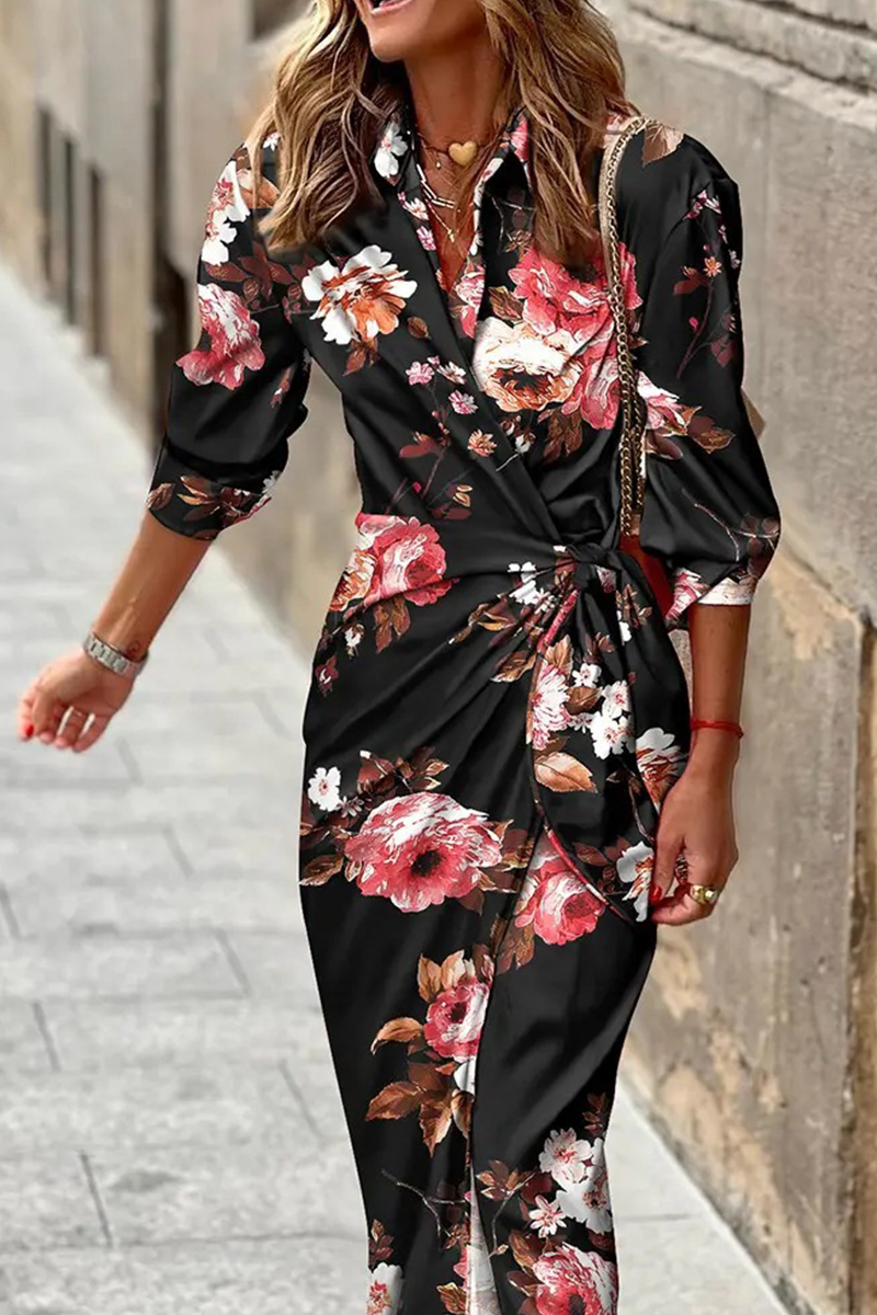 Print Patchwork Turndown Collar Waist Skirt Dresses(7 Colors)