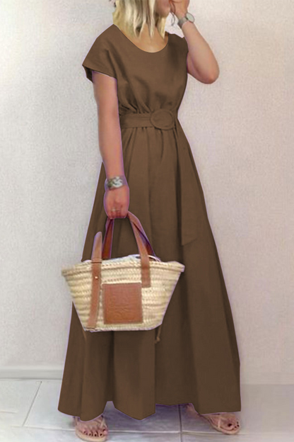 Patchwork O Neck Waist Skirt Dresses