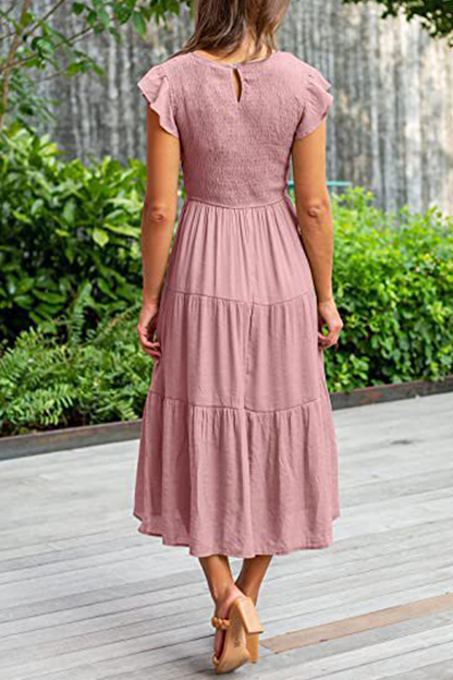 Flounce O Neck Cake Skirt Dresses（9 Colors）