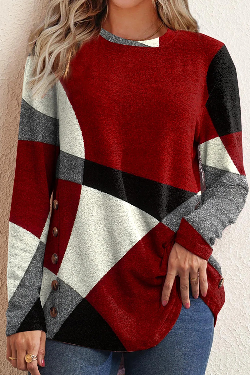 Print Patchwork O Neck Sweaters(5 Colors)