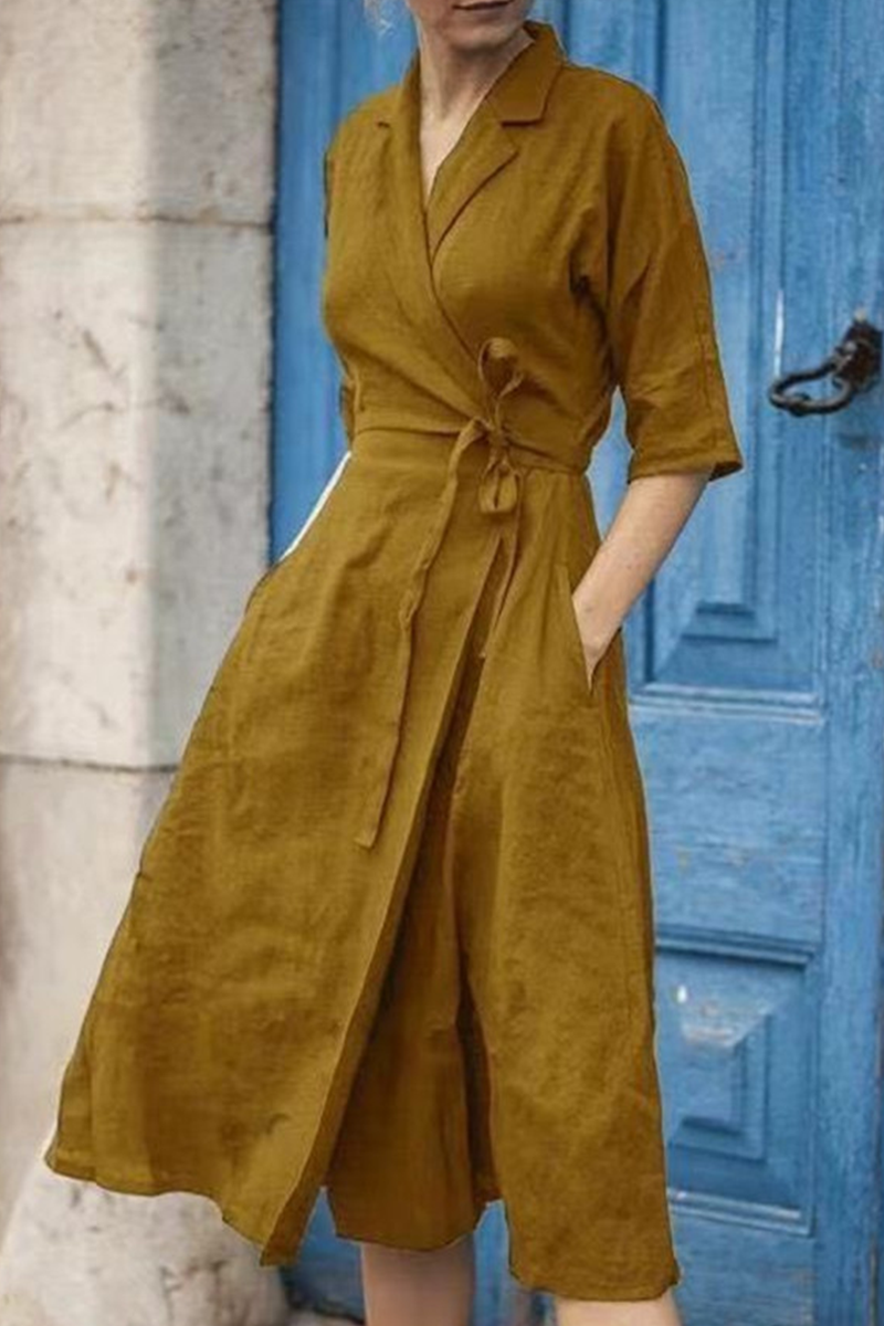 Patchwork Turndown Collar Waist Skirt Dresses