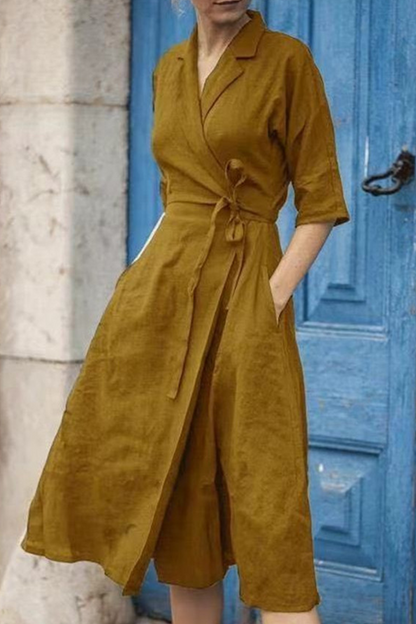 Patchwork Turndown Collar Waist Skirt Dresses