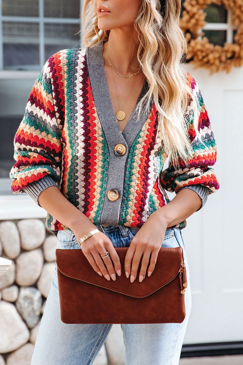 Striped Patchwork Cardigan Collar Sweater