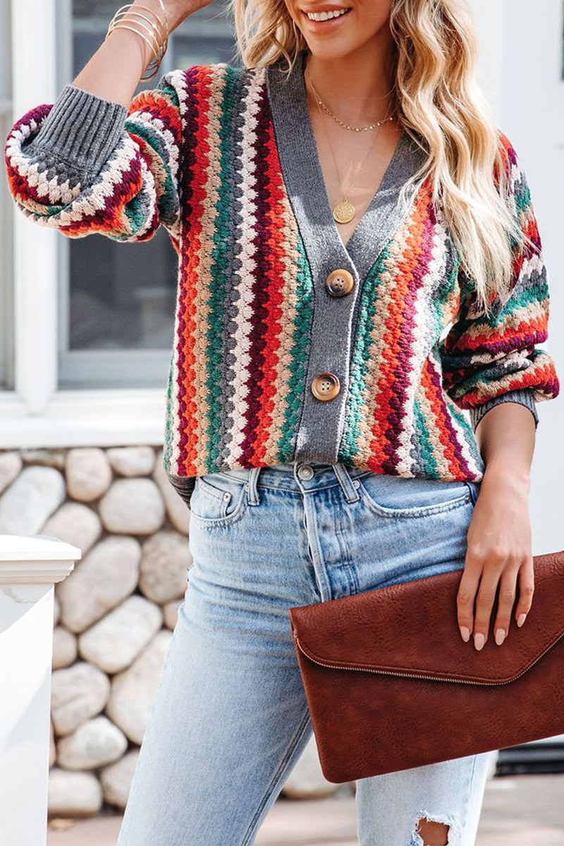 Striped Patchwork Cardigan Collar Sweater
