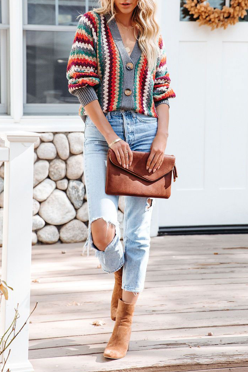 Striped Patchwork Cardigan Collar Sweater