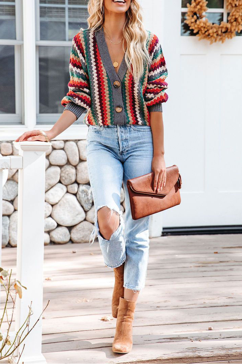 Striped Patchwork Cardigan Collar Sweater