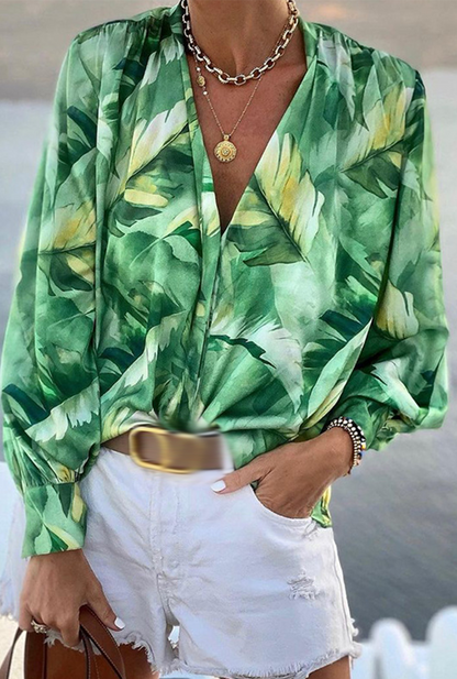 Print Patchwork Turndown Collar Blouses (4 Colors)