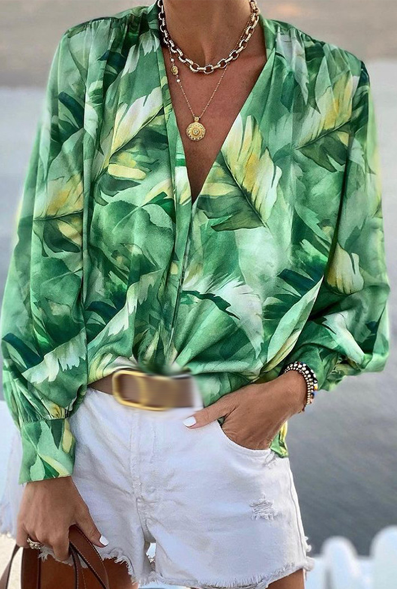 Print Patchwork Turndown Collar Blouses (4 Colors)