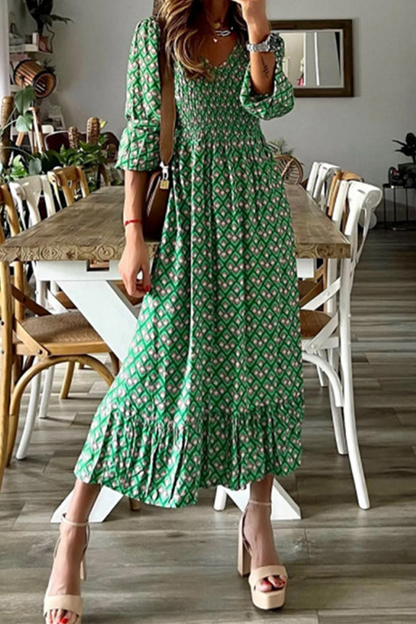 Print Patchwork V Neck Cake Skirt Dresses(3 Colors)