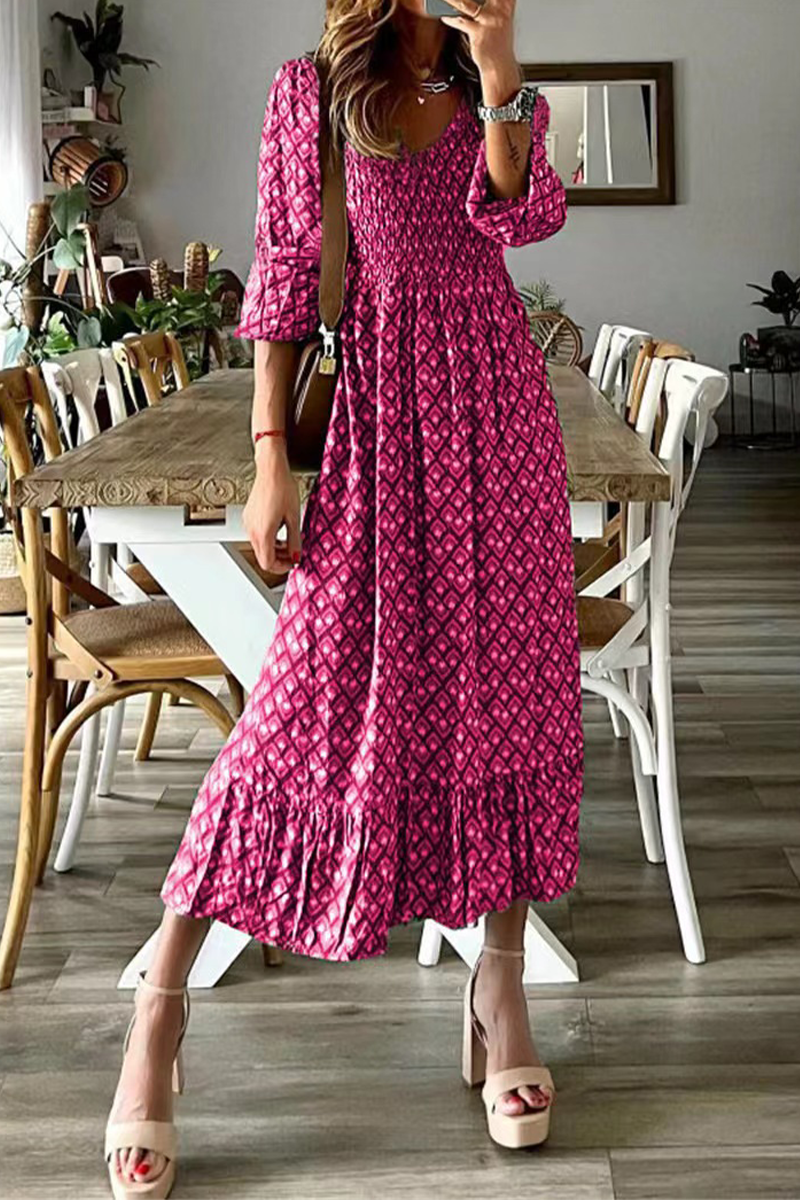 Print Patchwork V Neck Cake Skirt Dresses(3 Colors)