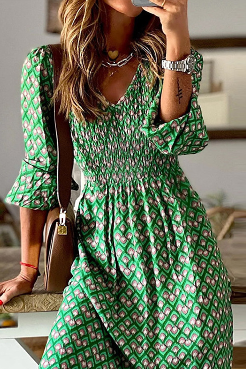 Print Patchwork V Neck Cake Skirt Dresses(3 Colors)
