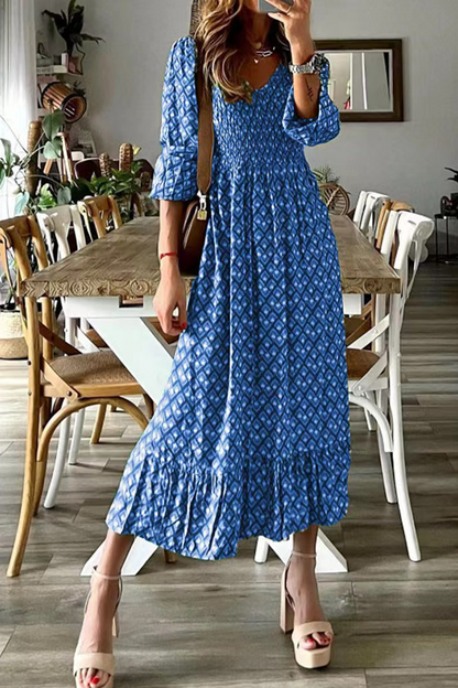 Print Patchwork V Neck Cake Skirt Dresses(3 Colors)
