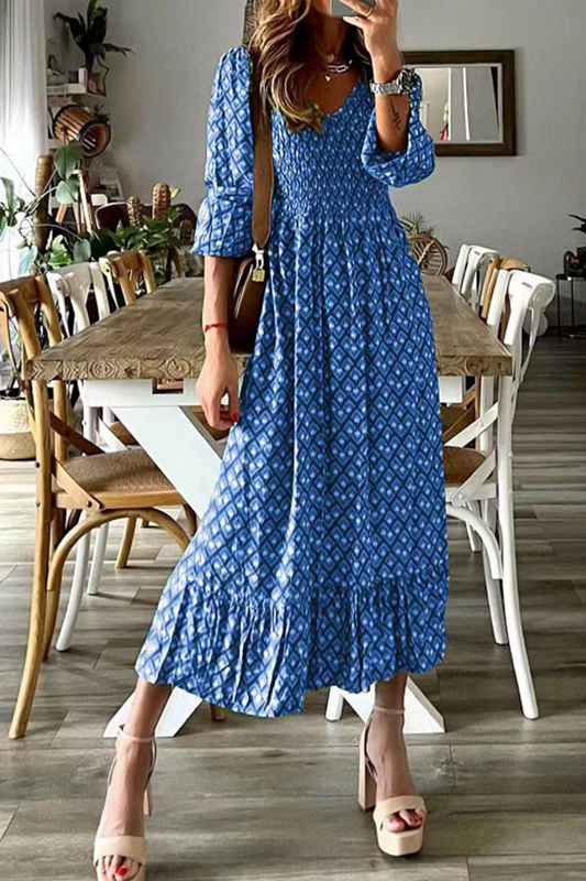 Print Patchwork V Neck Cake Skirt Dresses(3 Colors)