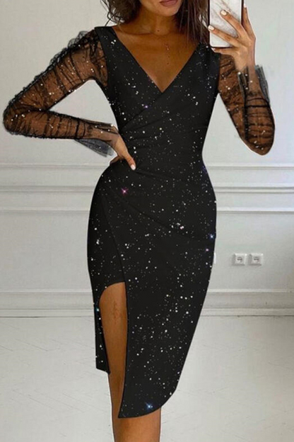 Mesh V Neck Pencil Skirt Dresses(4 Colors)