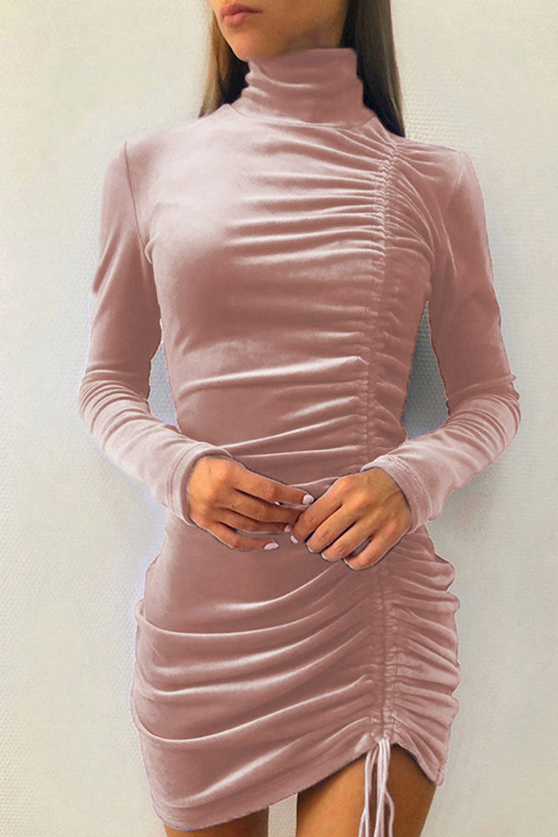 Draw String Half a Turtleneck Wrapped Skirt Dresses(8 Colors)