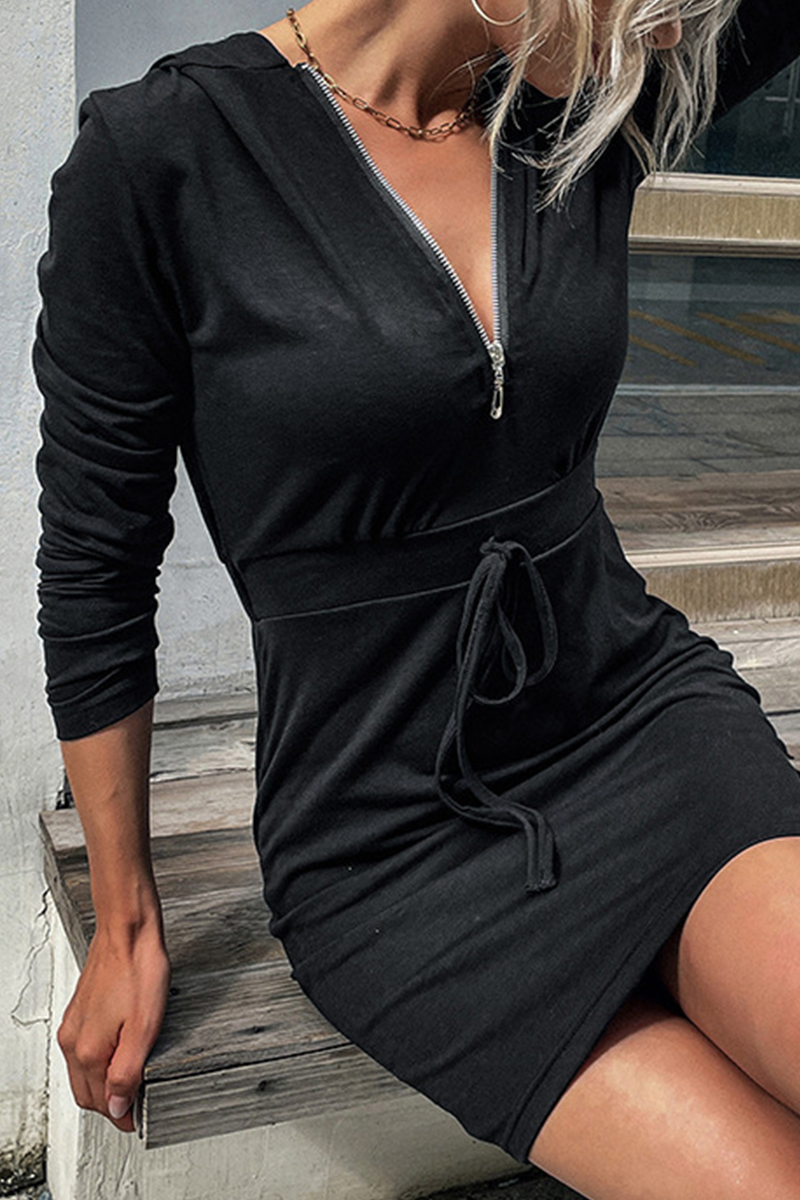 Draw String Zipper Collar Pencil Skirt Dresses(11 Colors)