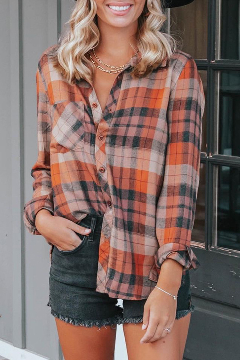 Plaid Patchwork Turndown Collar Blouses