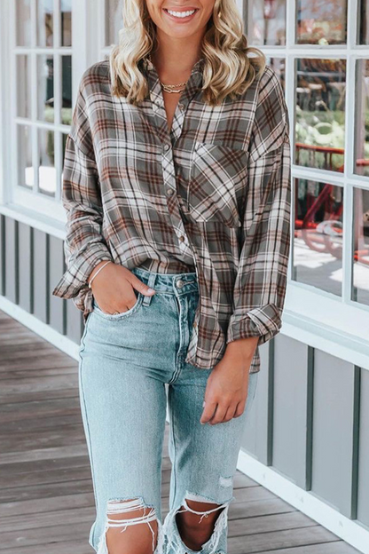 Plaid Patchwork Turndown Collar Blouses