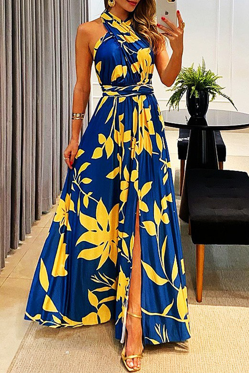 Print Patchwork Halter Waist Skirt Dresses(3 Colors)