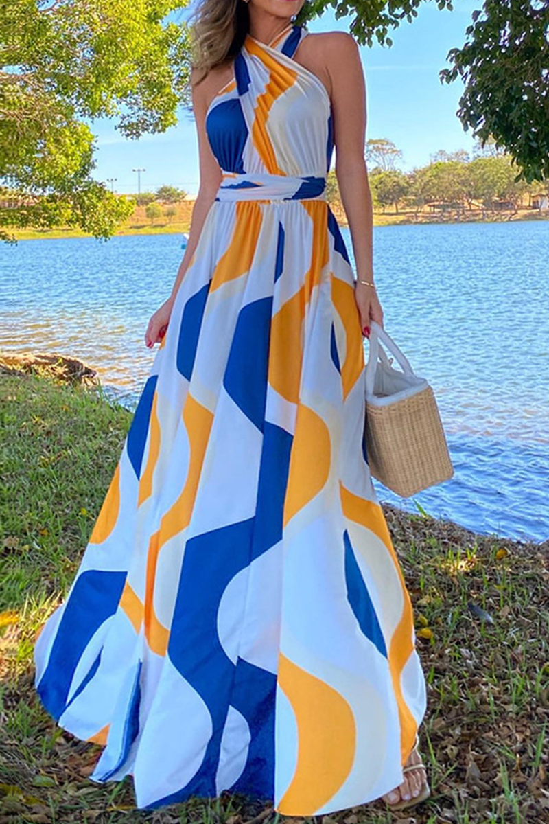 Print Patchwork Halter Waist Skirt Dresses(3 Colors)