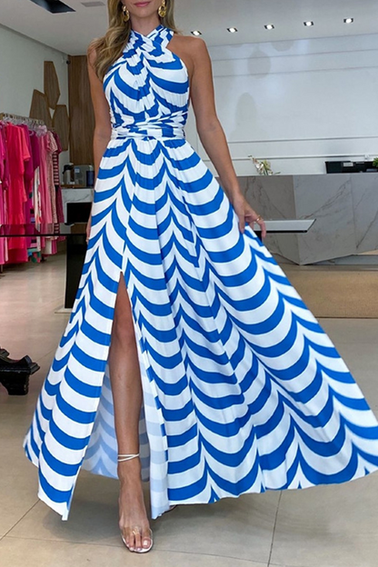 Print Patchwork Halter Waist Skirt Dresses(3 Colors)