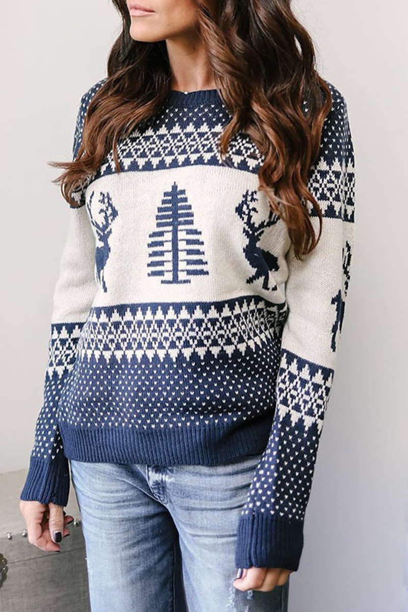 Print Patchwork O Neck Sweaters(3 Colors)