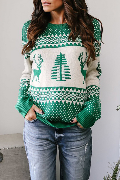 Print Patchwork O Neck Sweaters(3 Colors)