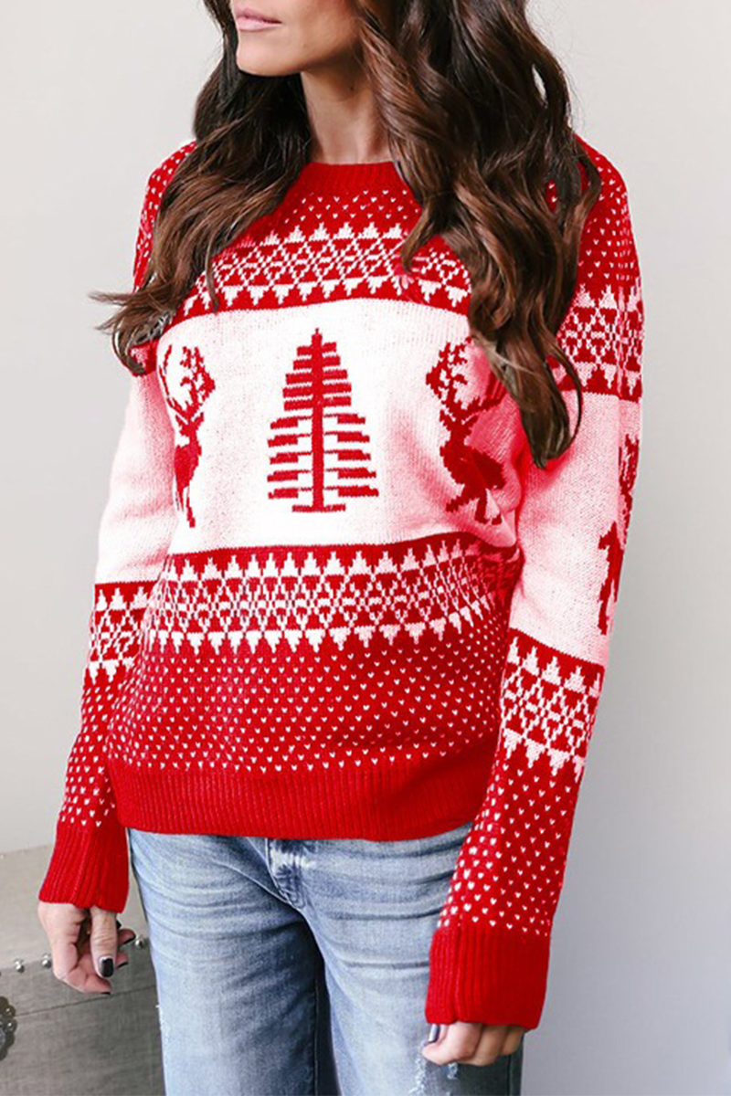 Print Patchwork O Neck Sweaters(3 Colors)