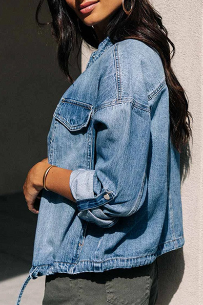 Patchwork Cardigan Collar Long Sleeve Straight Denim Jacket