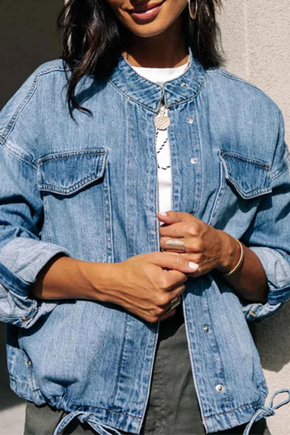 Patchwork Cardigan Collar Long Sleeve Straight Denim Jacket
