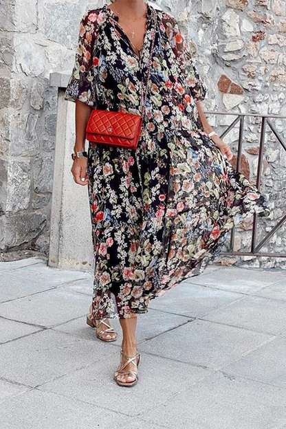 Print Patchwork V Neck Cake Skirt Dresses