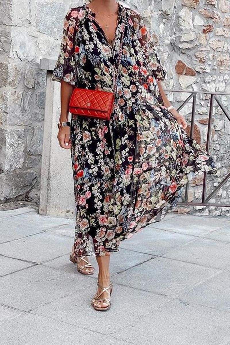 Print Patchwork V Neck Cake Skirt Dresses