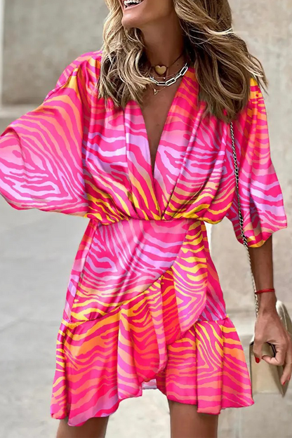 Print Patchwork V Neck Waist Skirt Dresses(6 Colors)