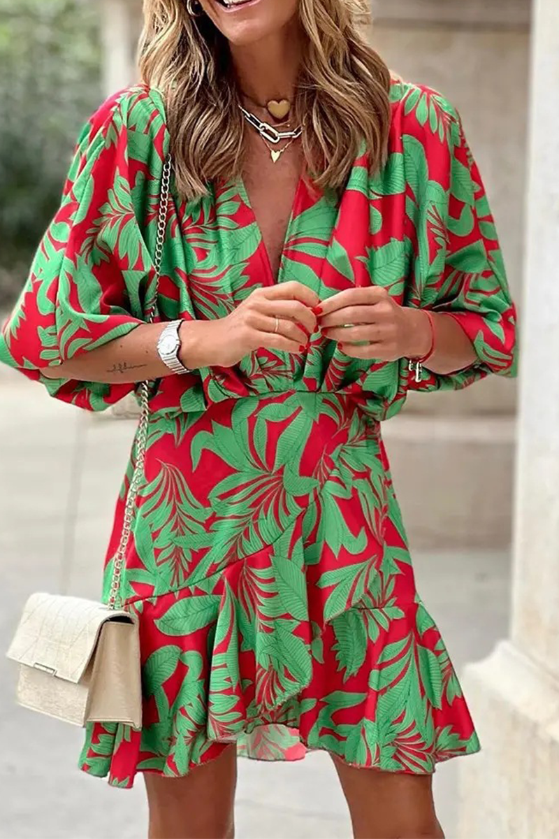 Print Patchwork V Neck Waist Skirt Dresses(6 Colors)