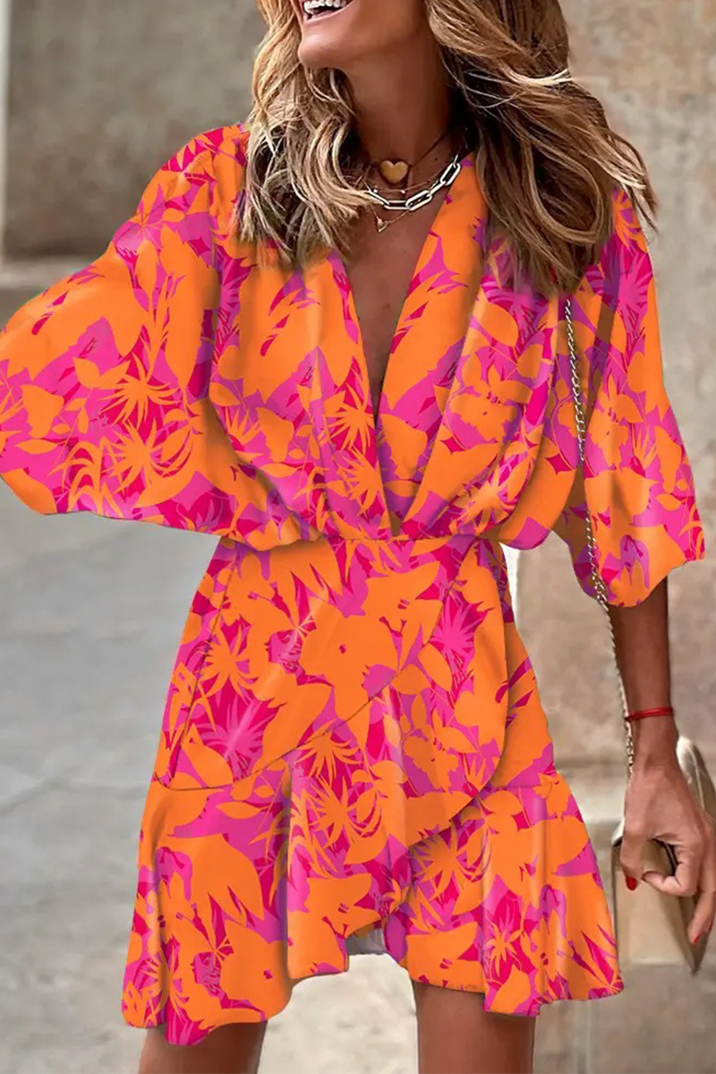 Print Patchwork V Neck Waist Skirt Dresses(6 Colors)